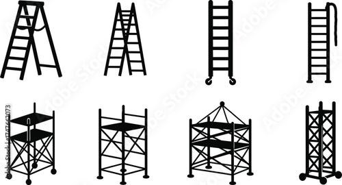 Set of different types of ladders and scaffolding for construction and maintenance work