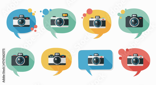 Charming flat design cameras icons set for photography enthusiasts and visual storytellers,