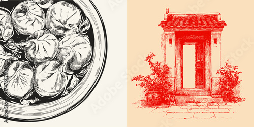 Black ink dumplings and traditional Chinese doorway with plants. Vector minimalist red and beige color scheme pencil draw artwork.