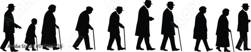 Human life stages silhouette, aging progression, childhood to elderly, timeline, emotional concept, growth, journey, change