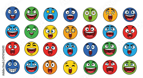 Colorful emoji expressions showcasing a diverse range of emotions isolated on a clean white