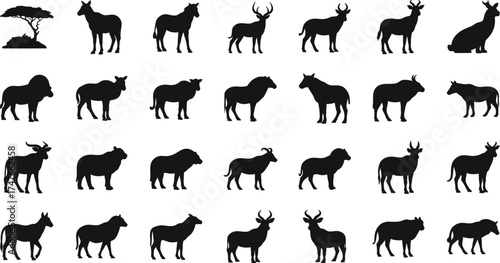 Collection of wildebeest silhouette different poses of gnu, african antelope and mammal animal