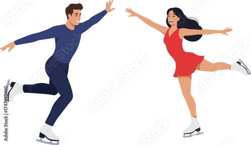 Ice skating illustration, synchronized skaters, winter sport, graceful movement, cad drawing, vector art, athletic pose, lifestyle concept
