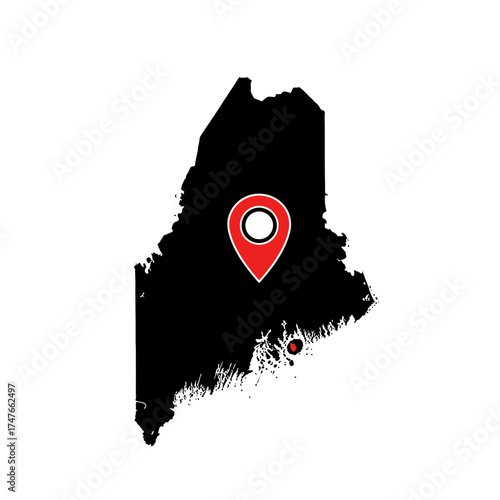 Maine state map illustration with a highlighted location marker graphic design