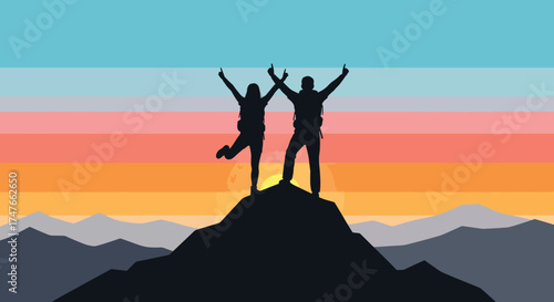 Two Silhouetted Figures Celebrate Summit Success on Mountain Peak.