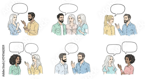 Diverse group conversations captured in hand drawn sketched illustration with speech bubbles