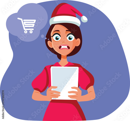Stressed Woman Doing Last Minute Online Shopping Vector Cartoon. Unhappy woman spending all her budget on Xmas presents she bought online
