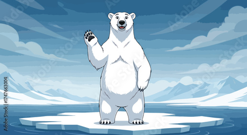 Cartoon Polar Bear Standing on Ice Floe Waving Paw.