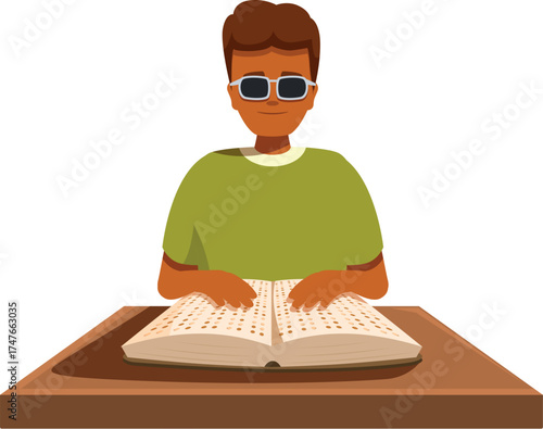 Visually impaired student reading a braille book at a desk, promoting education and inclusivity for people with disabilities