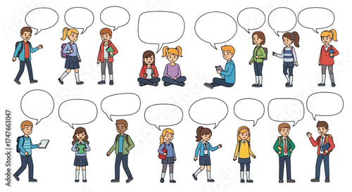 Diverse cartoon school kids in various poses with speech bubbles perfect for educational content