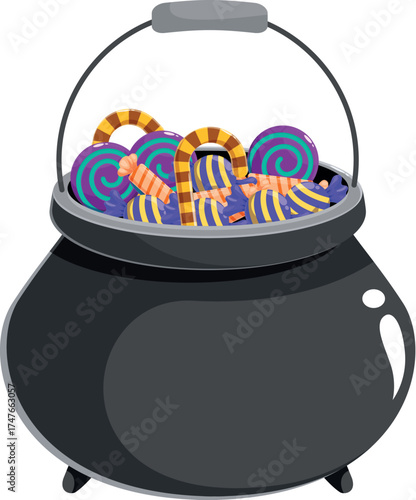 Black witch cauldron overflowing with candies and lollipops for trick or treat
