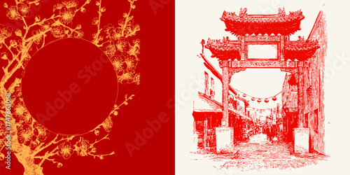Pencil draw Chinatown street gate with hanging lanterns and blossom circular frame, red and beige traditional illustration.