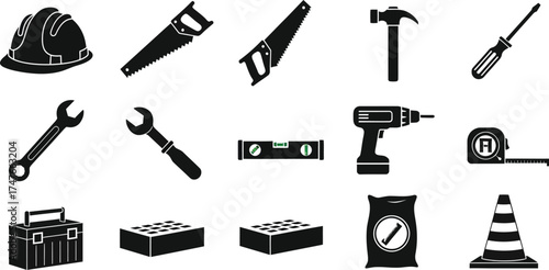 Collection of essential construction tools and equipment, perfect for building and repair projects
