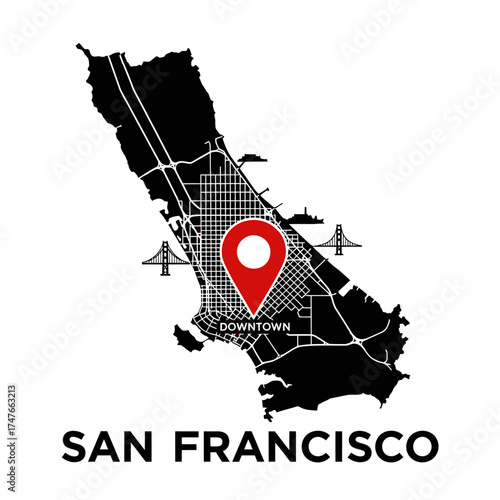 San Francisco urban planning vector map highlighting downtown area with landmarks and streets