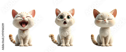 3dアニメのキャラクター　クリーム色の猫　大笑い　びっくり　目を閉じる　クリップアート　挿絵　セット　png