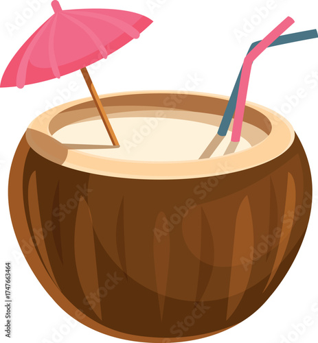 Tropical coconut cocktail with pink umbrella and straws is bringing summer vibes