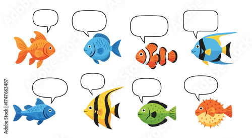 Cartoon aquatic fish illustration with empty chat bubbles for a creative design concept