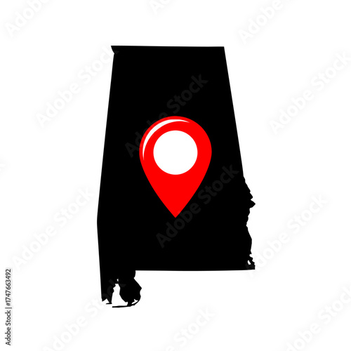 Alabama geographical representation with pinpoint location indicator symbol visual design