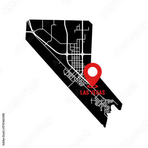 Nevada geographical blueprint representation featuring location mark of Las Vegas city