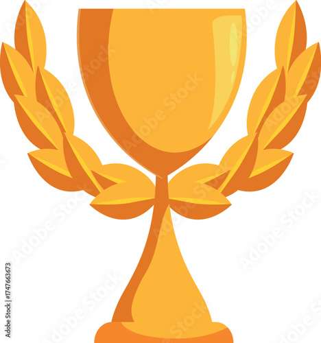 Shiny golden trophy cup with laurel wreath symbolizing success, achievement, and victory