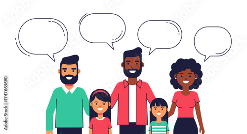 Multicultural family with speech bubbles, representing communication and diverse voices in a