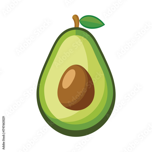 Vibrant cartoon illustration of a halved avocado with a large seed and leaf