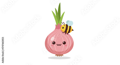 Delightful cartoon depiction featuring a cheerful onion character adorned with a bee friend