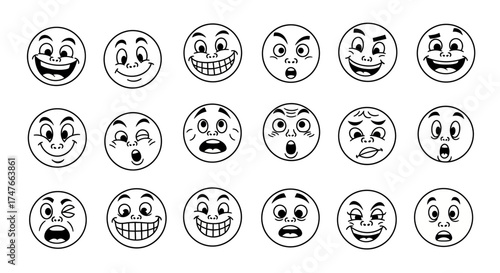 Assortment of monochromatic smiley faces showcasing diverse emotions in cartoon style