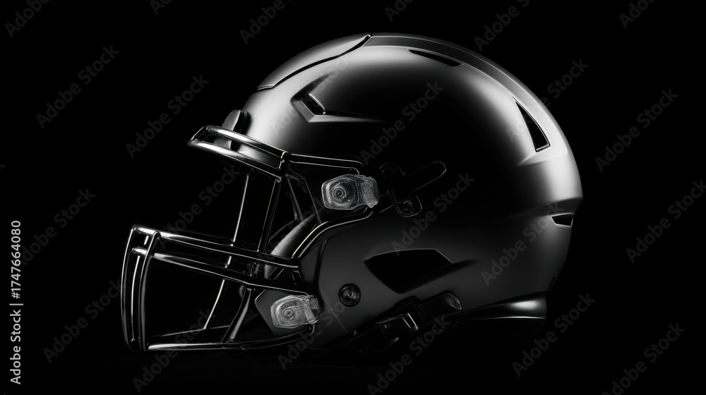 Fototapeta premium Glossy Black Football Helmet on Dark Background, Perfect for Sports, Design, and Team Spirit Visuals