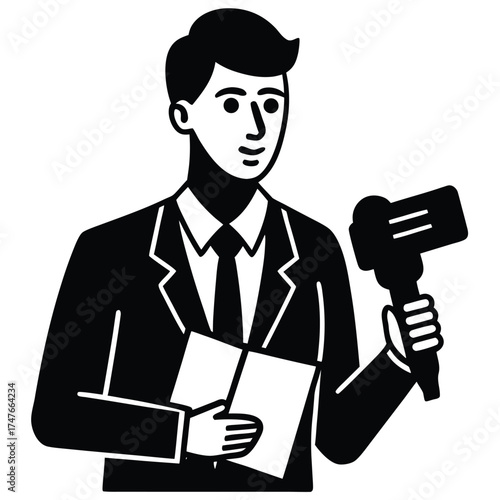 news reporter doing work on white background