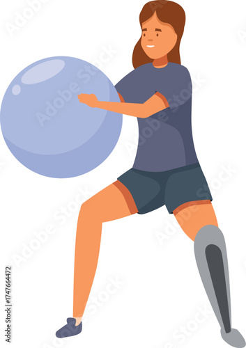 Young woman with a prosthetic leg performing exercises with a fitness ball, demonstrating resilience and determination in pursuing a healthy lifestyle