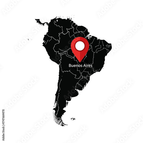 Buenos Aires highlighted on a South America map detailed with city point pinpoint marking location