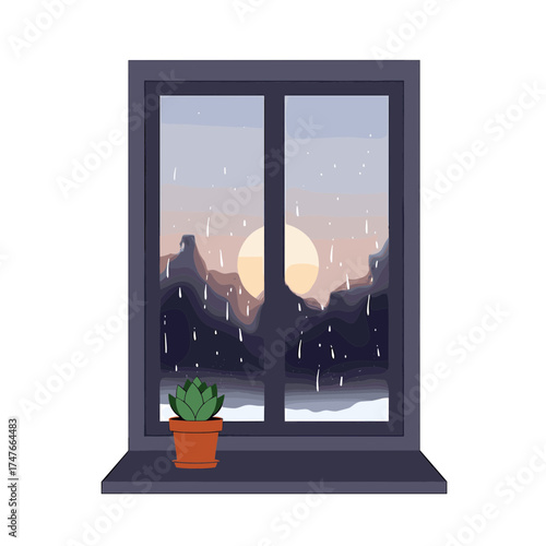 Potted succulent on windowsill with mountain sunset view.
