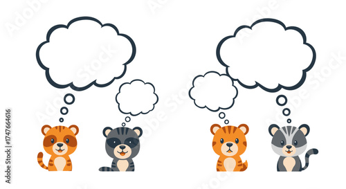 Cartoon animal characters with cloud thought bubbles create a playful scene ready for your text