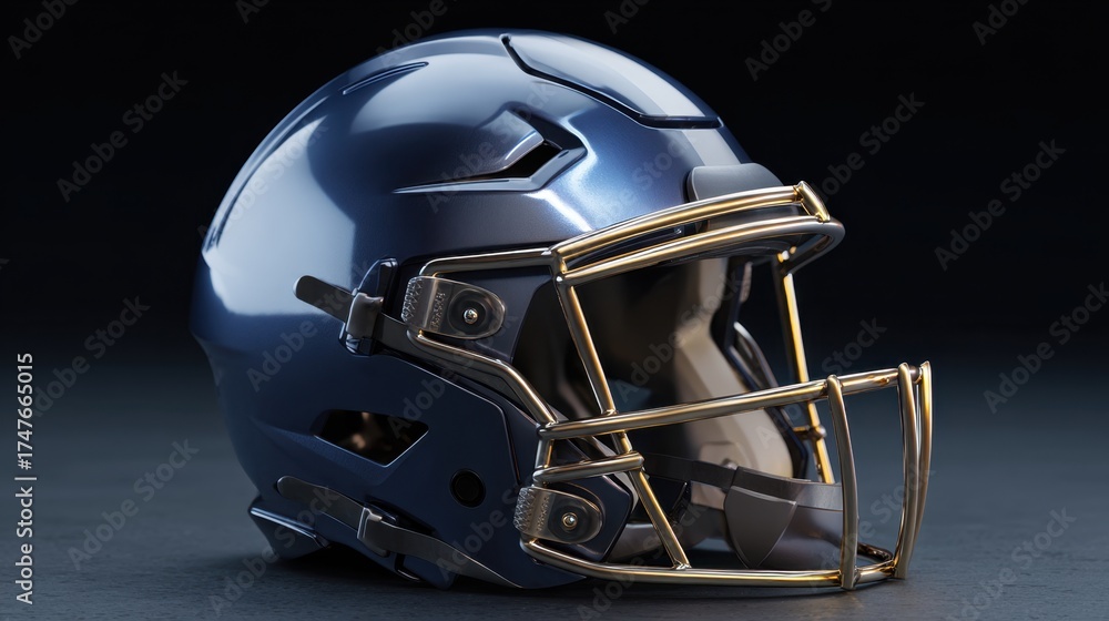 Fototapeta premium Glossy Blue Football Helmet with Golden Faceguard on Dark Background for Sports and Athletic Use