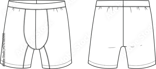 Men boxer shorts front and back view, underwear apparel fashion template, clothing flat sketch design, CAD drawing flat vector illustration