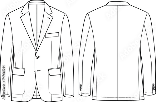 Men’s blazer sketch, front and back view, tailored jacket, fashion illustration, garment design, technical drawing