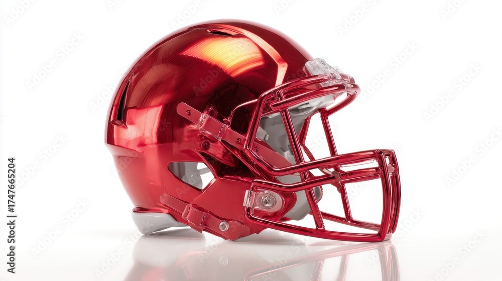 Fototapeta premium Bright Red Glossy Football Helmet Isolated on White Background Highlighting Modern Design and Protective Features
