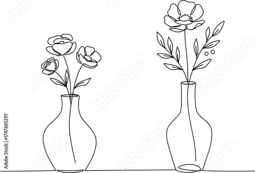 Minimalist flower vases, line drawing, black and white sketch, floral decor, simple art, elegant illustration