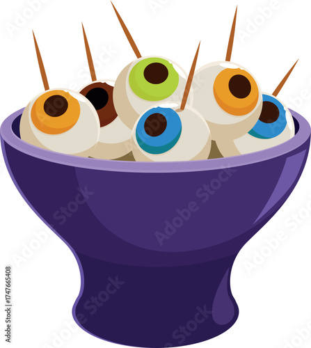 Spooky halloween candy eyeballs on toothpicks served in a purple bowl, adding a creepy touch to the celebration