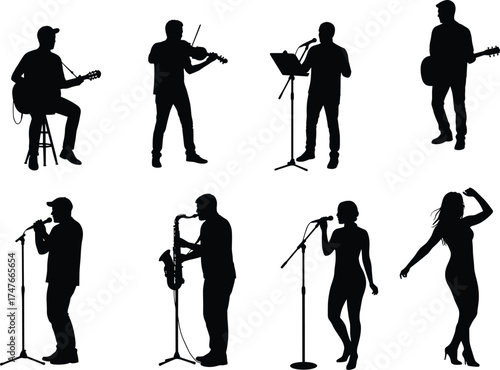 Musician silhouettes, guitar, violin, saxophone, singer, dancer, microphone, performance art, black figures, white background, ensemble