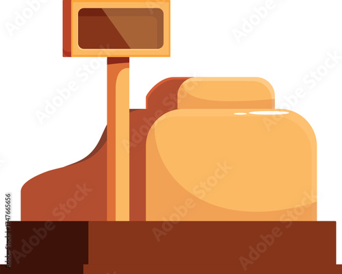 Cash register standing on counter with blank sign, ready for transactions in a retail environment