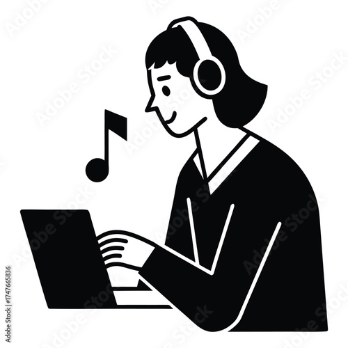 person listening music doing work on white backgro