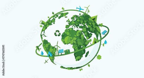 Green Planet Earth with Renewable Energy Sources and Nature Elements.