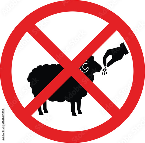 No feeding sheep sign, silhouette warning symbol, red prohibition circle, public park notice, cad drawing flat vector illustration