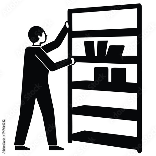 person organizing shelf doing work on white backgr