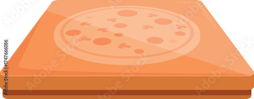 Cardboard pizza box with appetizing pizza image printed on top, suggesting a takeaway or delivery service