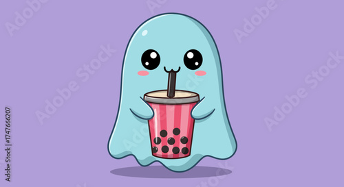 Cute cartoon ghost character holding a pink bubble tea with a black straw, smiling.