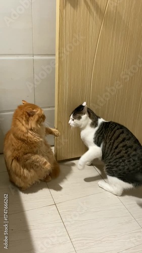 Black and brown cats playing.
Cute cats together