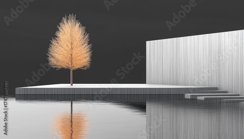 Simple golden tree reflecting in water, on a stage